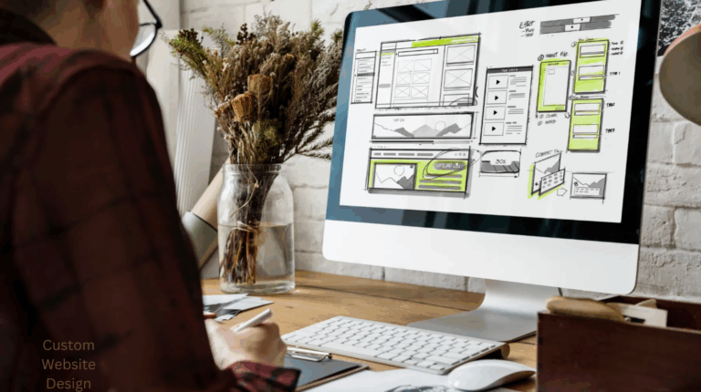 Designer creating a custom website layout on a computer.
