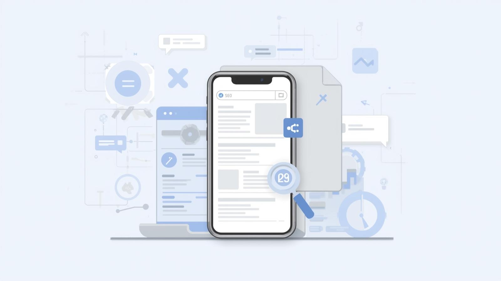 Smartphone displaying a website interface with SEO icons around it, highlighting mobile-first indexing and Google prioritizing mobile over desktop. Mobile-First Indexing SEO Impact