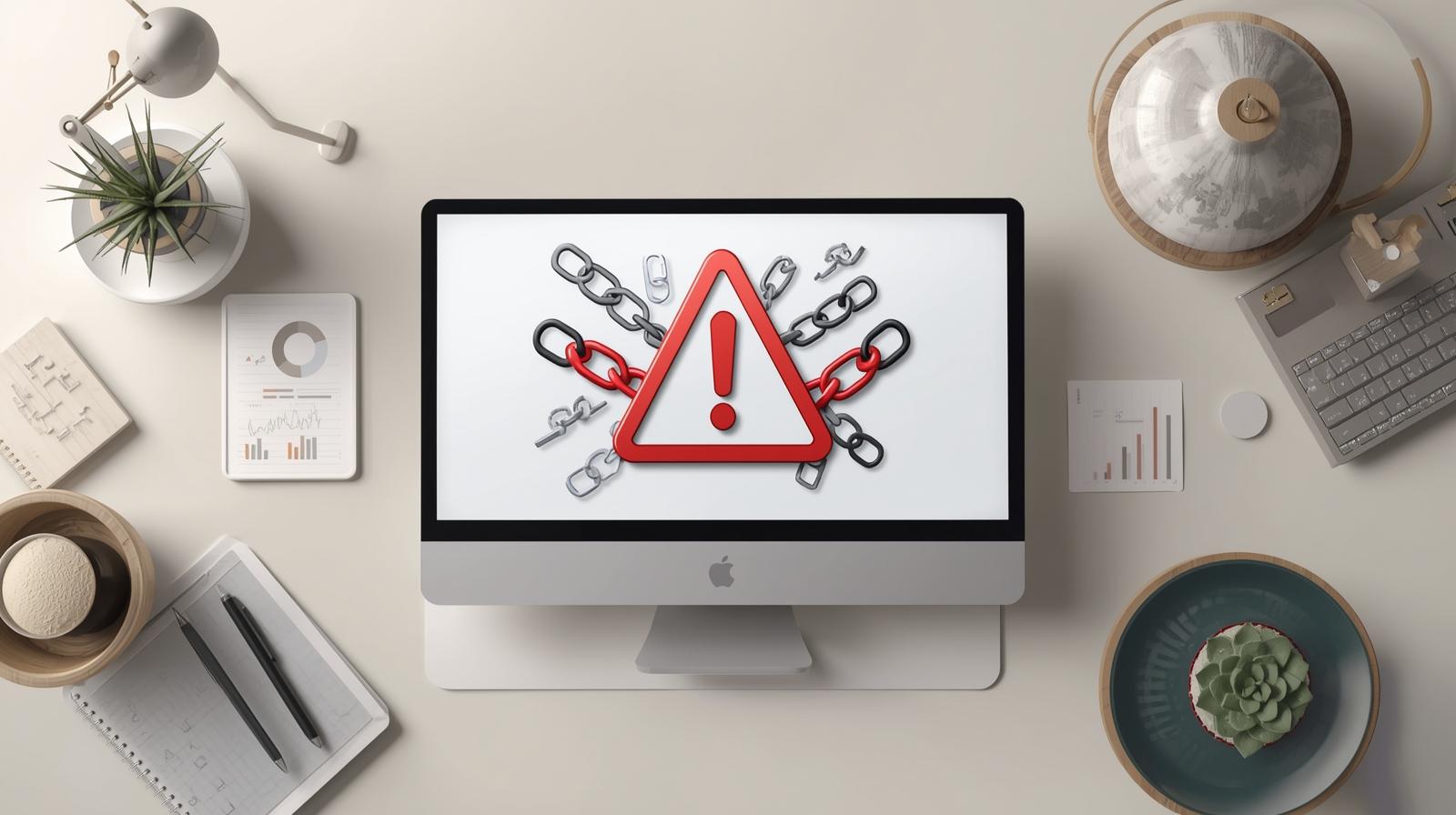 Illustration of SEO link errors with warning icons and broken chain symbols representing common mistakes in internal and external linking Internal vs External Links