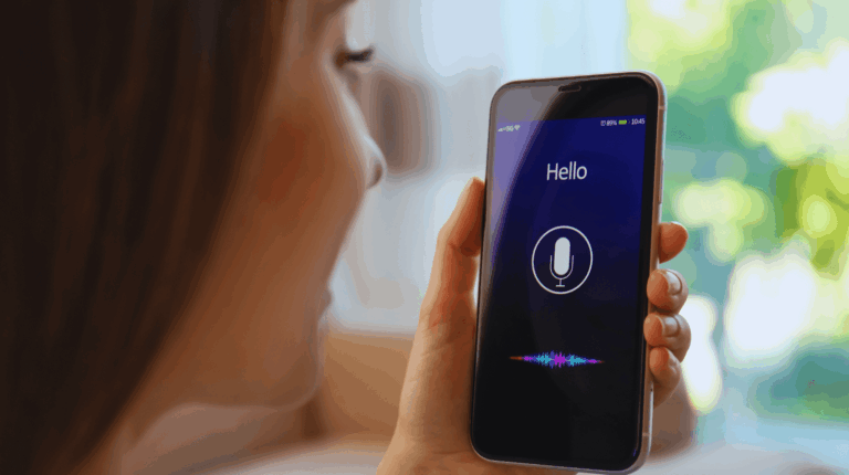 Close-up of a woman performing voice search on her phone, representing voice search optimization for brands